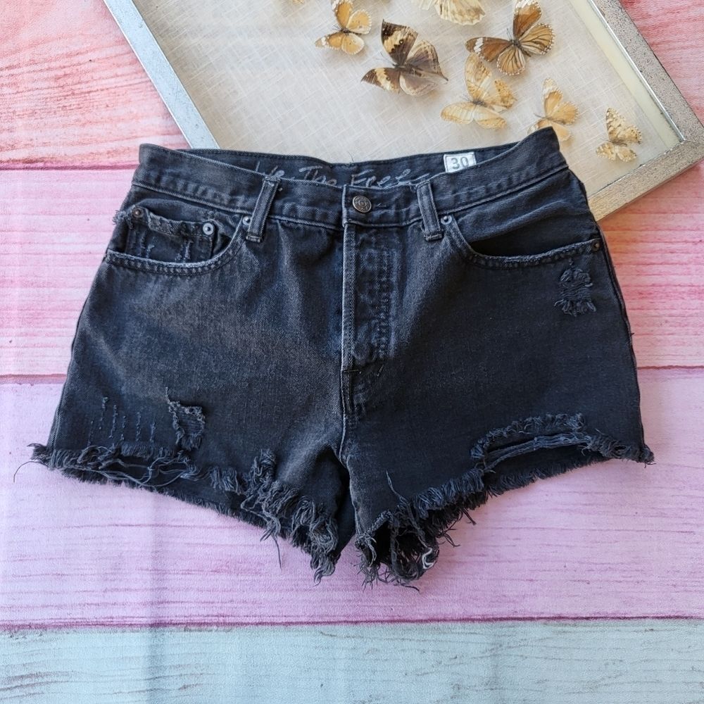 Free People Black Sofia High RiseโButton Fly Distressed Denim Shortsโ Size 30